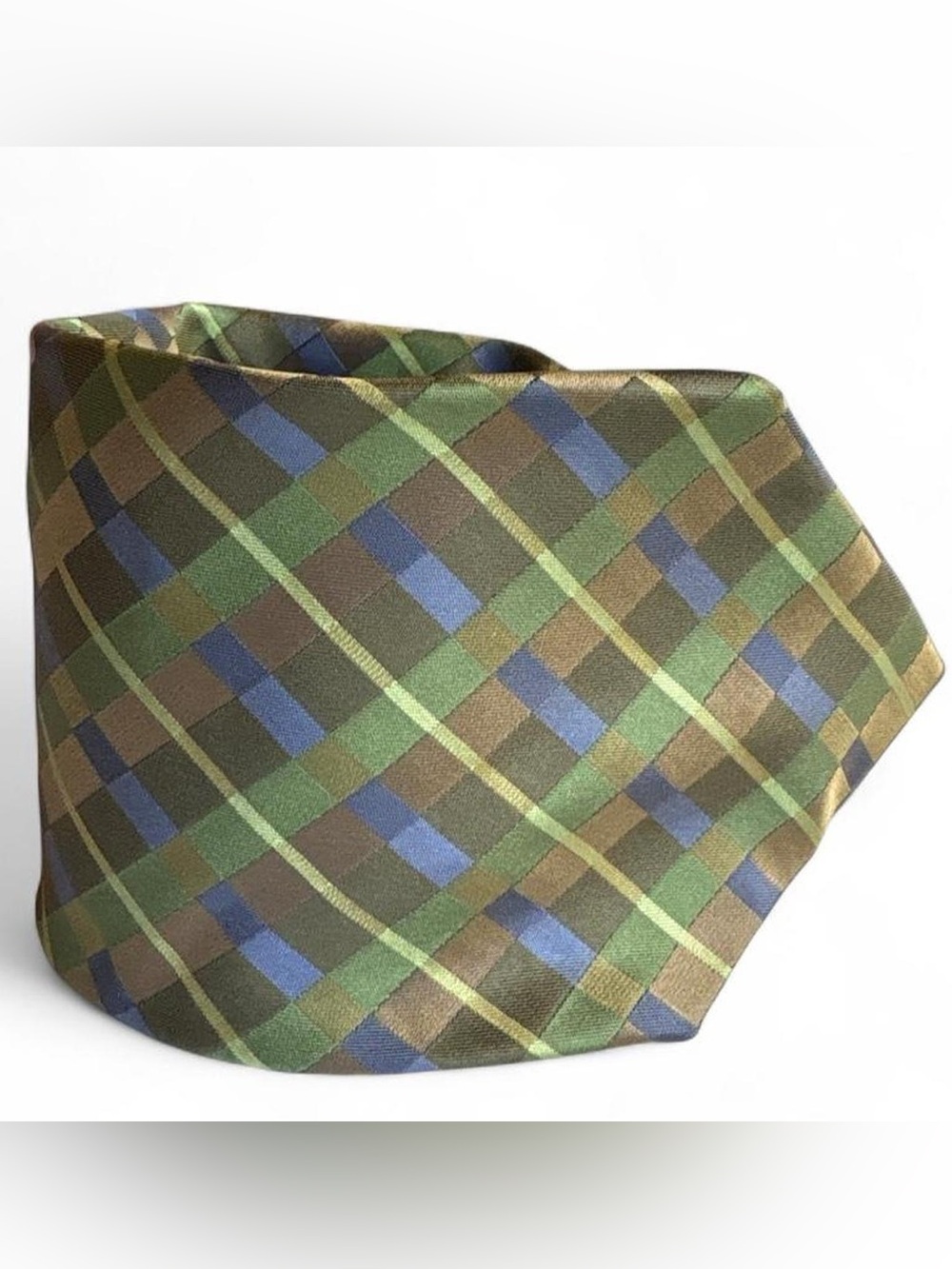 Van Heusen Green Plaid Silk Tie with Blue and Brown Accents